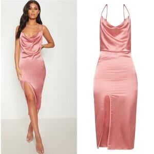 NWT PrettyLittleThing Midi Dress Womens 12 Pink Satin Cowl Neck Slit Birthday